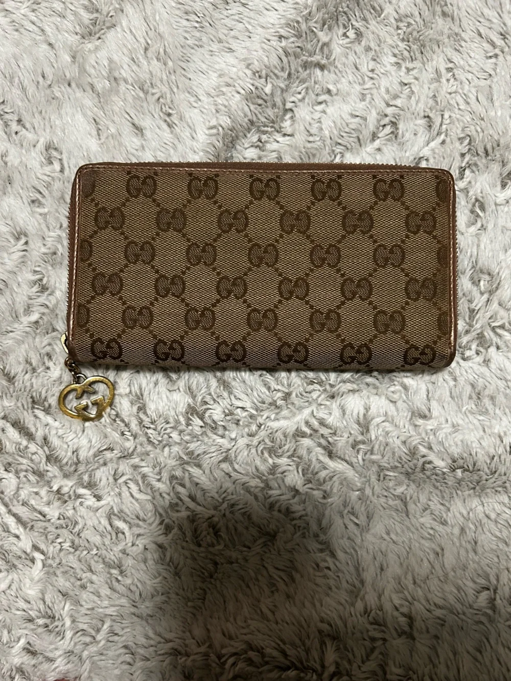 Gucci Continental Brown Monogram Zip Wallet with Metalic gold trimming